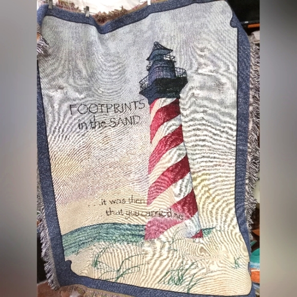 Caring Keepsakes Tapestry Throw FOOTPRINTS IN THE SAND Lighthouse Blanket 48X60" - Picture 1 of 3